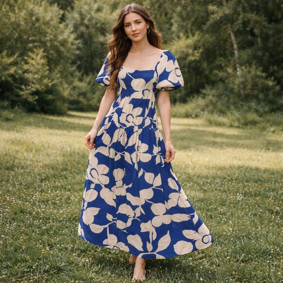 Meadow Rhode Dresses & Skirts - Meadow Rhode Cottagecore Dress Size XL Blue Floral Puff Sleeve Maxi Cotton